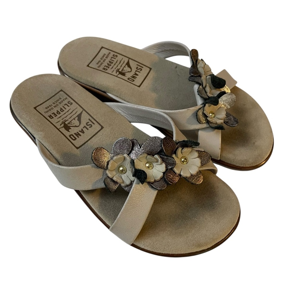 ISLAND SLIPPER LEHUA SLIDE FLAT IN CREAM AND BROWN Size 5